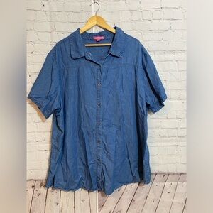 Woman Within Top Blue Chambray Denim Button Up Short Sleeve Plus Size 3X